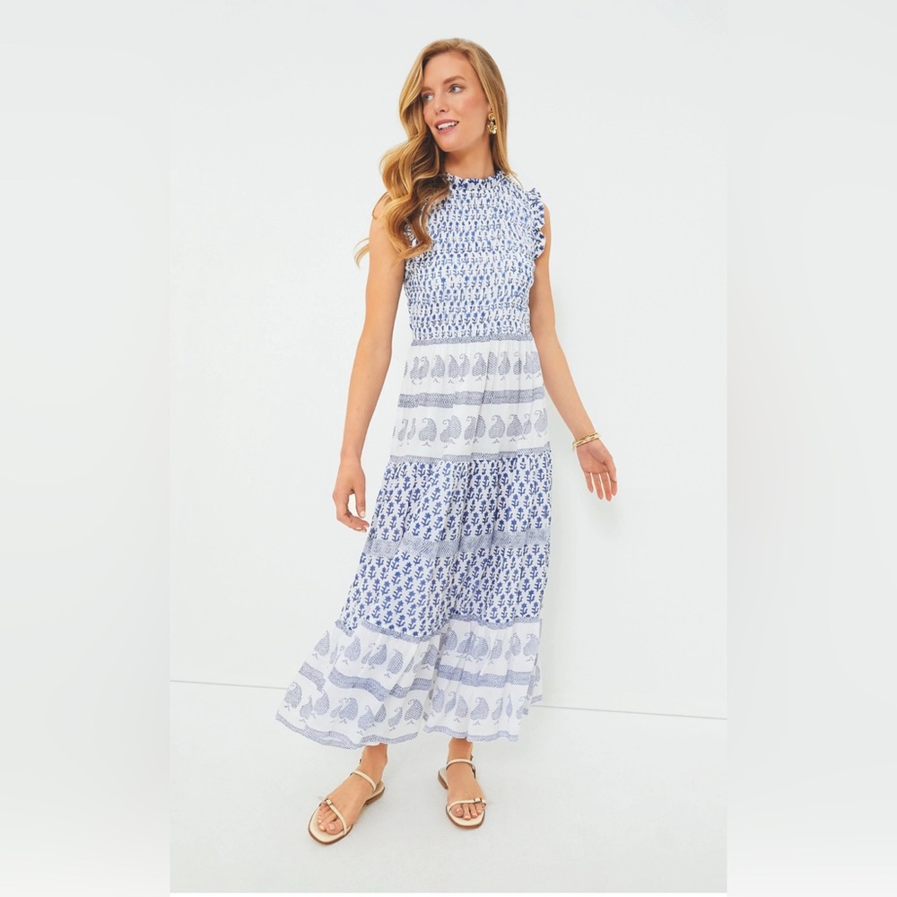 Printed Flora Blue Sleeveless
Smocked Maxi Dress. Tuckernuck, Oliphant